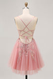 Sparkly Blush A-lijn Tule Pailletten Korte Homecoming Jurk met Vetersluiting Aan de Achterkant