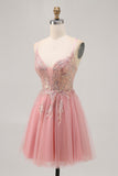 Sparkly Blush A-lijn Tule Pailletten Korte Homecoming Jurk met Vetersluiting Aan de Achterkant