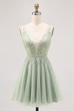 Groene A-lijn Tule Backless Beaded Short Homecoming Jurk met pailletten