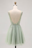 Groene A-lijn Tule Backless Beaded Short Homecoming Jurk met pailletten