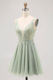 Groene A-lijn Tule Backless Beaded Short Homecoming Jurk met pailletten