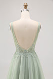 Groene A-lijn Tule Backless Beaded Short Homecoming Jurk met pailletten