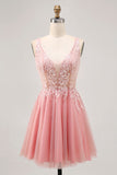 A-lijn Tulle Blush Pailletten Backless Korte Homecoming Jurk met Kralen