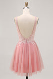 A-lijn Tulle Blush Pailletten Backless Korte Homecoming Jurk met Kralen