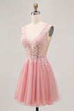 A-lijn Tulle Blush Pailletten Backless Korte Homecoming Jurk met Kralen
