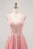 A-lijn Tulle Blush Pailletten Backless Korte Homecoming Jurk met Kralen