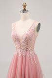 A-lijn Tulle Blush Pailletten Backless Korte Homecoming Jurk met Kralen