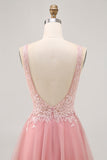 A-lijn Tulle Blush Pailletten Backless Korte Homecoming Jurk met Kralen