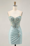 Grijs Groene Bodycon Strapless Homecoming Jurk met Pailletten