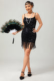 Sprankelende zwarte pailletten Gatsby korte jaren 1920 jurk met franjes