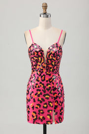 Fuchsia Bodycon Spaghettibandjes Pailletten Homecoming Jurk met Split