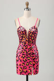 Fuchsia Bodycon Spaghettibandjes Pailletten Homecoming Jurk met Split