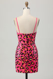 Fuchsia Bodycon Spaghettibandjes Pailletten Homecoming Jurk met Split