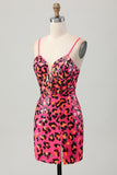 Fuchsia Bodycon Spaghettibandjes Pailletten Homecoming Jurk met Split
