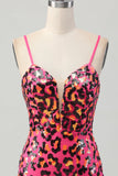 Fuchsia Bodycon Spaghettibandjes Pailletten Homecoming Jurk met Split