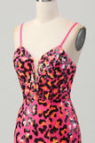 Fuchsia Bodycon Spaghettibandjes Pailletten Homecoming Jurk met Split