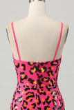 Fuchsia Bodycon Spaghettibandjes Pailletten Homecoming Jurk met Split