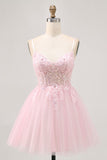 Roze A Line Korset Tule Korte Homecoming Jurk met Appliques