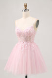 Roze A Line Korset Tule Korte Homecoming Jurk met Appliques
