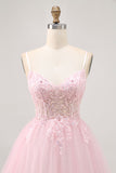 Roze A Line Korset Tule Korte Homecoming Jurk met Appliques