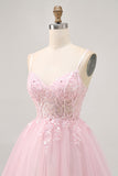 Roze A Line Korset Tule Korte Homecoming Jurk met Appliques