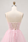 Roze A Line Korset Tule Korte Homecoming Jurk met Appliques