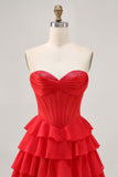 Strapless Rode A-lijn gelaagde korset Korte Homecoming jurk