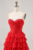 Strapless Rode A-lijn gelaagde korset Korte Homecoming jurk
