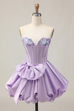 Sprankelende paarse A-lijn strapless pailletten korte homecoming jurk met strik