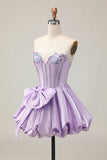 Sprankelende paarse A-lijn strapless pailletten korte homecoming jurk met strik
