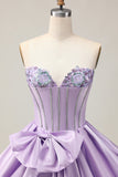 Sprankelende paarse A-lijn strapless pailletten korte homecoming jurk met strik