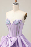 Sprankelende paarse A-lijn strapless pailletten korte homecoming jurk met strik