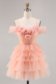 Leuke Blush Gelaagde A Line Homecoming Dress met 3D Bloemen