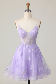 Paarse A Line Tule Homecoming Jurk met Appliques