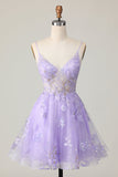 Paarse A Line Tule Homecoming Jurk met Appliques