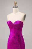 Strapless Fuchsia Bodycon Homecoming jurk met kralen