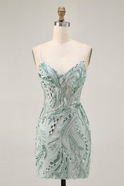 Groene Kralen Bodycon Homecoming Jurk met Vetersluiting Aan De Achterkant