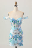 Wit Blauwe Bloem Bodycon Off The Shoulder Pailletten Korte Homecoming Jurk