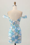 Wit Blauwe Bloem Bodycon Off The Shoulder Pailletten Korte Homecoming Jurk