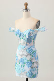 Wit Blauwe Bloem Bodycon Off The Shoulder Pailletten Korte Homecoming Jurk