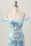 Wit Blauwe Bloem Bodycon Off The Shoulder Pailletten Korte Homecoming Jurk