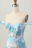 Wit Blauwe Bloem Bodycon Off The Shoulder Pailletten Korte Homecoming Jurk