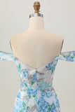 Wit Blauwe Bloem Bodycon Off The Shoulder Pailletten Korte Homecoming Jurk