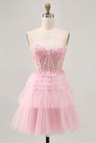 Strapless Roze A Line Korset Homecoming Jurk met Appliques