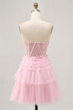 Strapless Roze A Line Korset Homecoming Jurk met Appliques