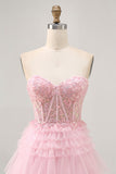 Strapless Roze A Line Korset Homecoming Jurk met Appliques