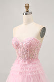Strapless Roze A Line Korset Homecoming Jurk met Appliques