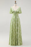 Groene Bloemen A Line Bruidsmeisjesjurk met Korte Mouwen