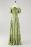Groene Bloemen A Line Bruidsmeisjesjurk met Korte Mouwen