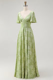 Groene Bloemen A Line Bruidsmeisjesjurk met Korte Mouwen